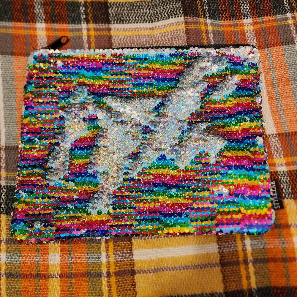 Style.Lab Rainbow Silver Reversible Sequin Zipper Pouch. EUC.